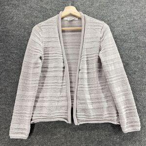 Max Studio Cardigan Women L Large Gray Striped Open Front Long Sleeve Cotton